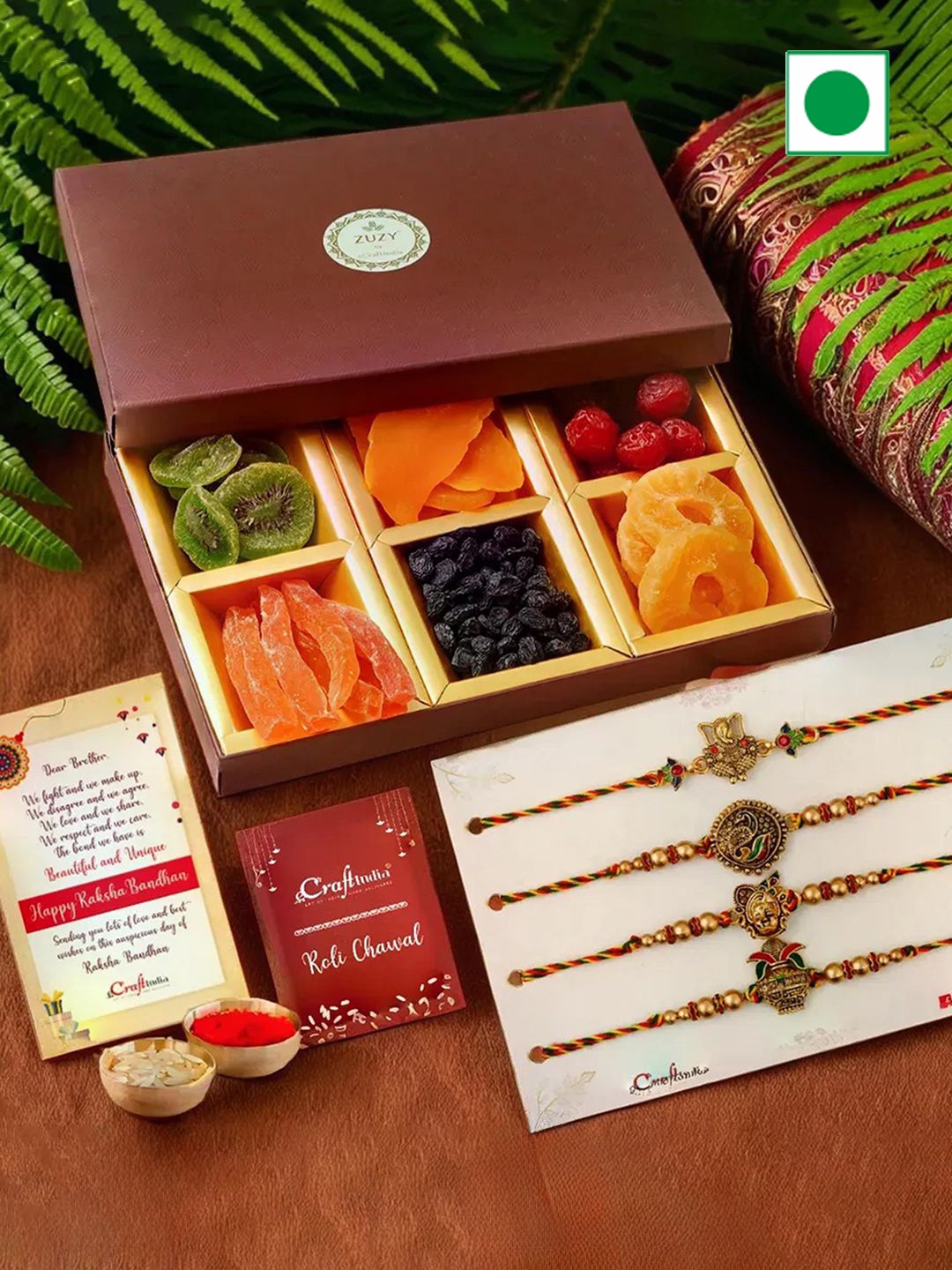 

eCraftIndia Set of 4 Beaded Rakhis with Dry Fruit Box And Roli Chawal, Gold