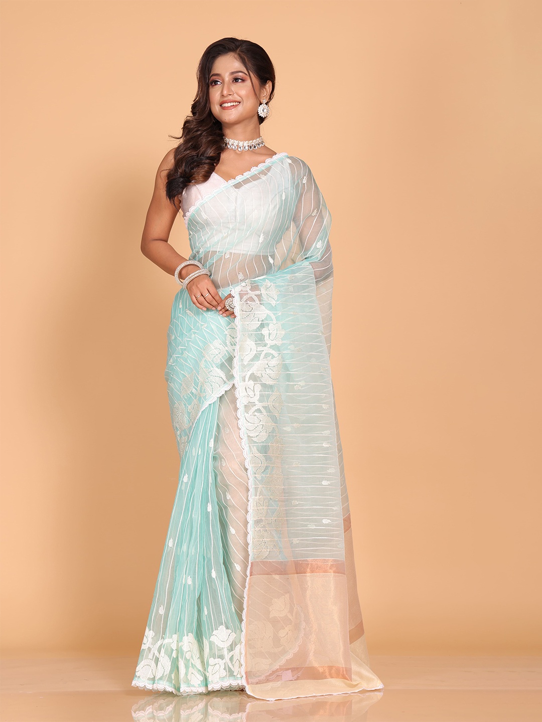 

Morchari Striped Embroidered Saree, Blue