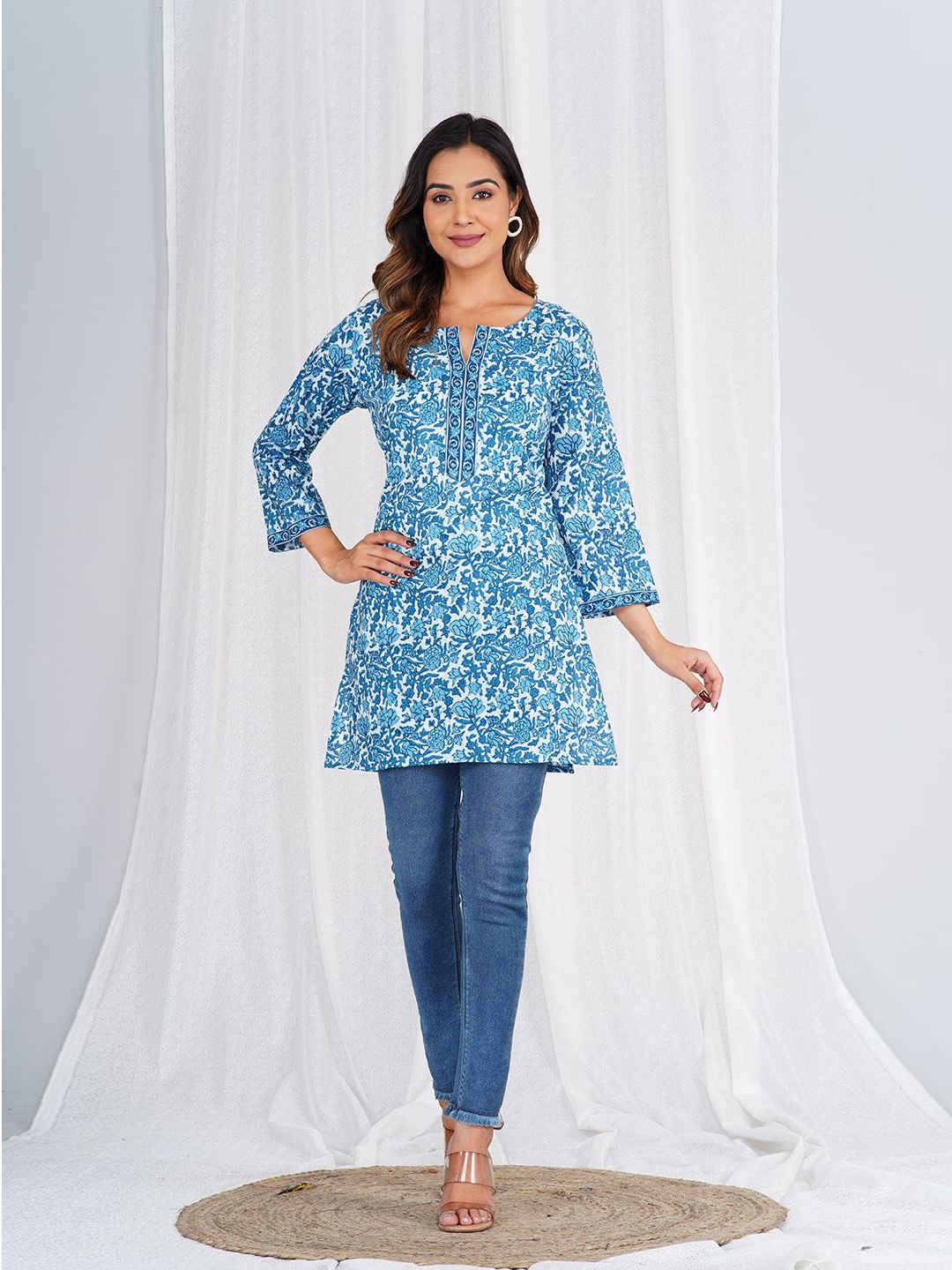 

KALINI Floral Print Cotton Top, Blue