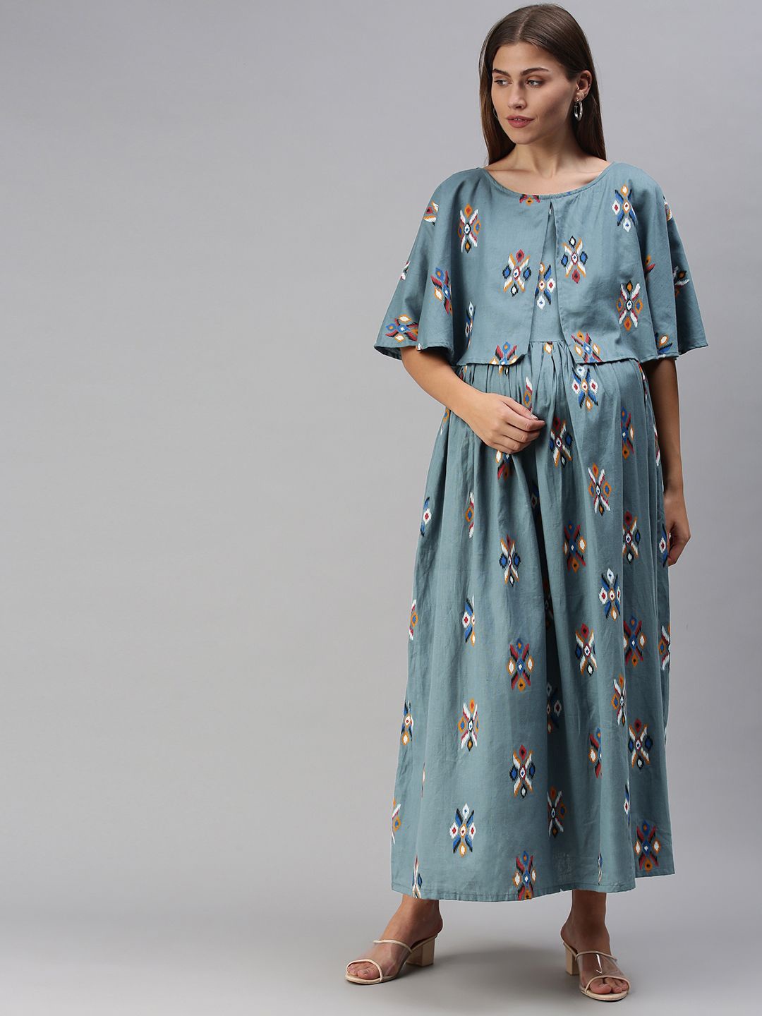 

Swishchick Women Floral Printed Flared Sleeve Maxi Maternity Dress, Grey melange