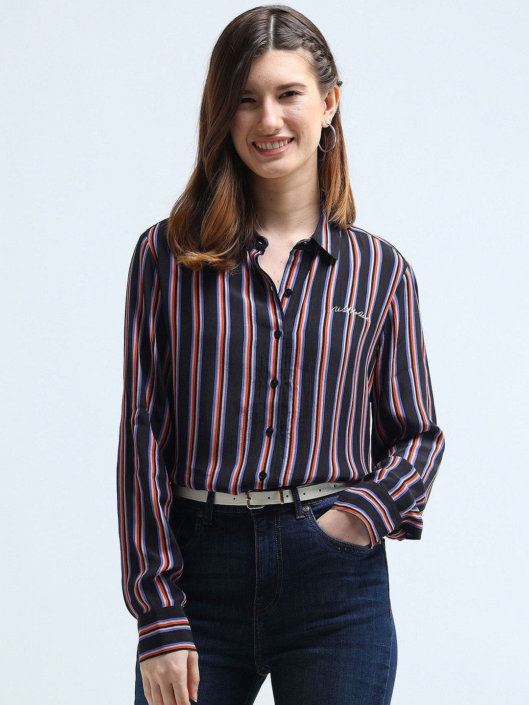 

U.S. Polo Assn. Women Women Spread Collar Striped Casual Shirt, Black