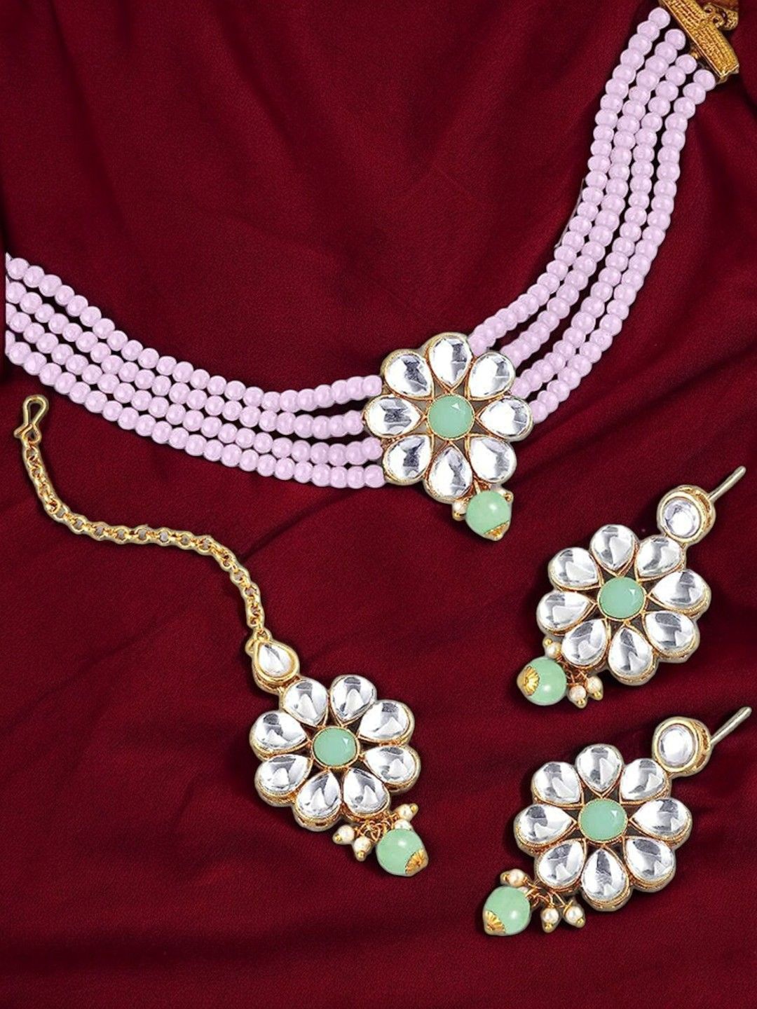 

Anouk Gold-Toned Kundan Studded & Beaded Necklace and Earrings With Maang Tika