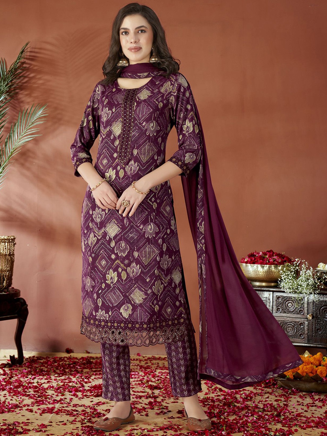 

Anouk Magenta Floral Printed Sequinned Straight Kurta With Trouser & Dupatta