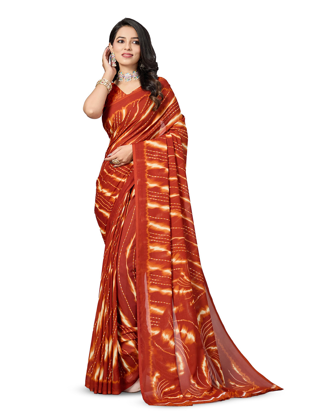 

VIRICA Women Striped Soft Saree With Blouse Piece, Rust