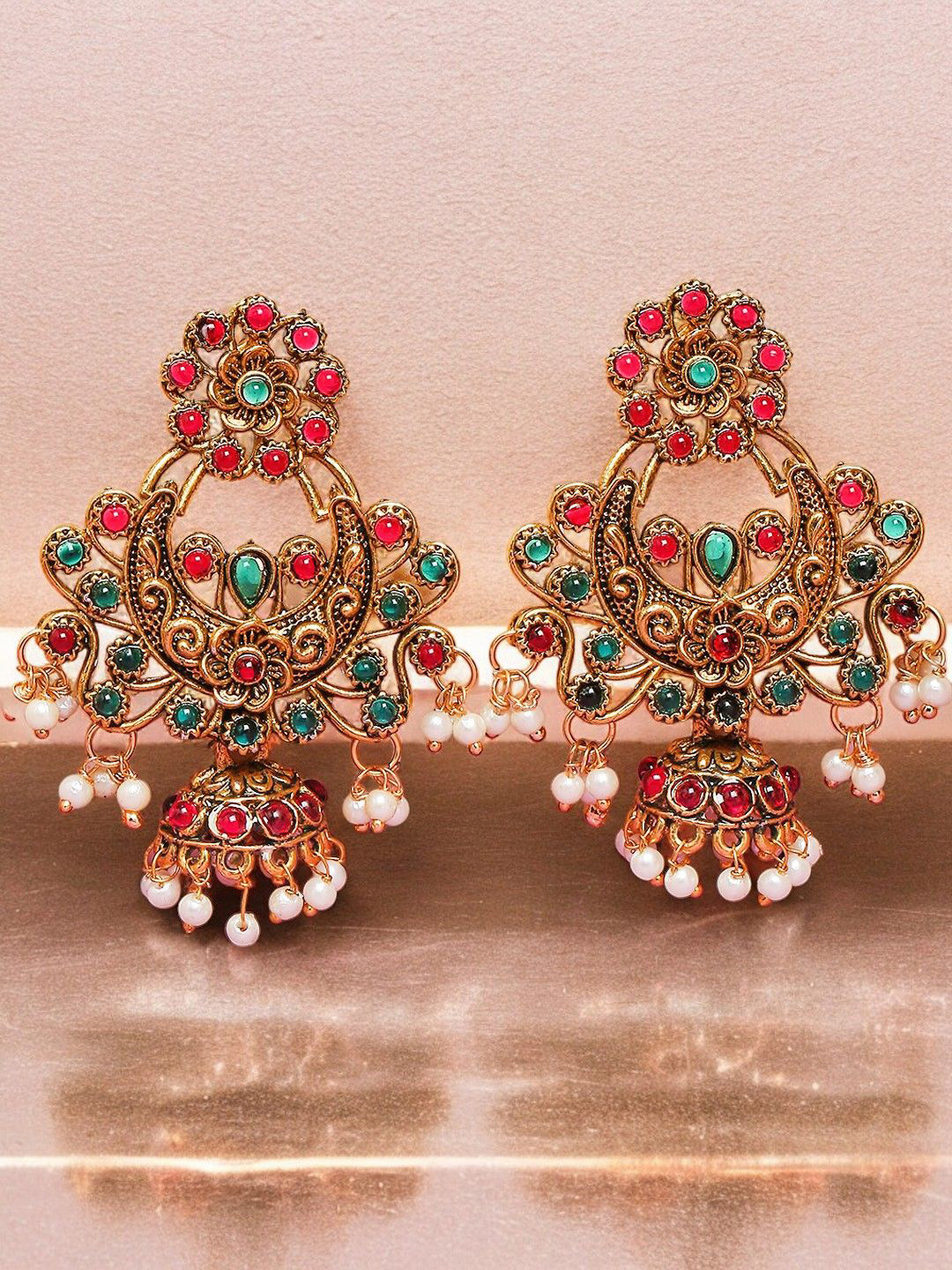 

Anouk Pink Stones With Beads Floral Jhumkas
