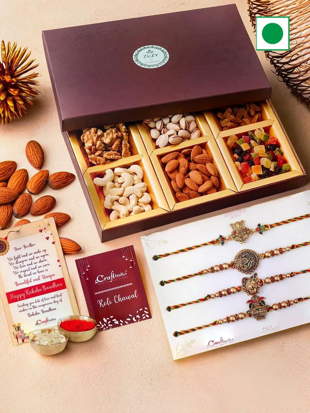 

eCraftIndia Set of 4 Beaded Rakhis with Dry Fruit Box And Roli Chawal, Red