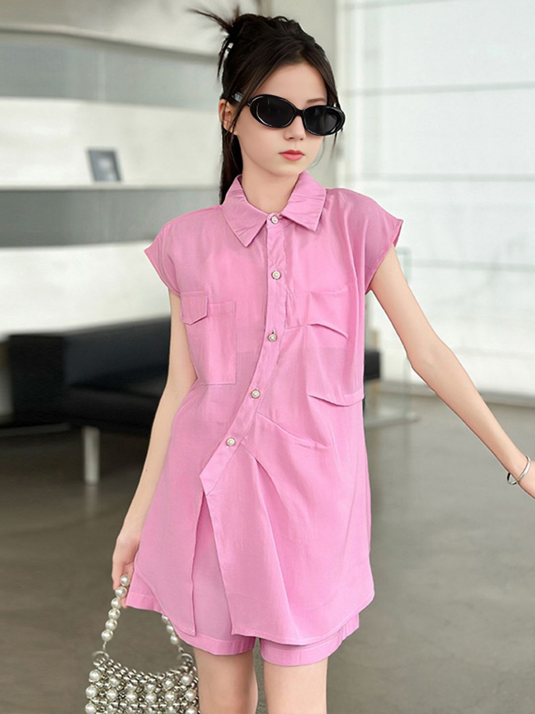 

INCLUD Girls Short Sleeve Shirt With Shorts, Pink
