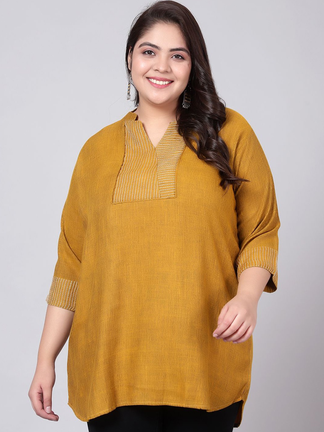 

Indietoga Women Plus Size Embroidered Cotton-Linen Tunic, Mustard