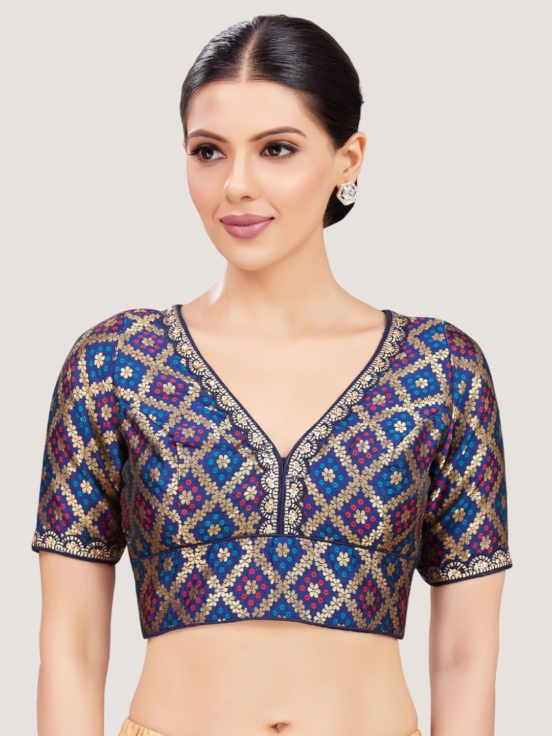 

Studio Shringaar Embroidered Short Sleeve Saree Blouse, Navy blue