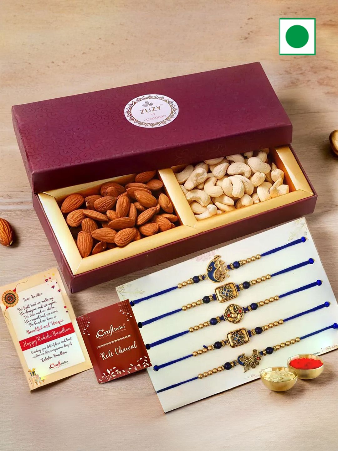 

eCraftIndia Set of 6 Religious Rakhi With Zuzy Dry Fruit Gift Box and Roli Chawal Pack, Gold