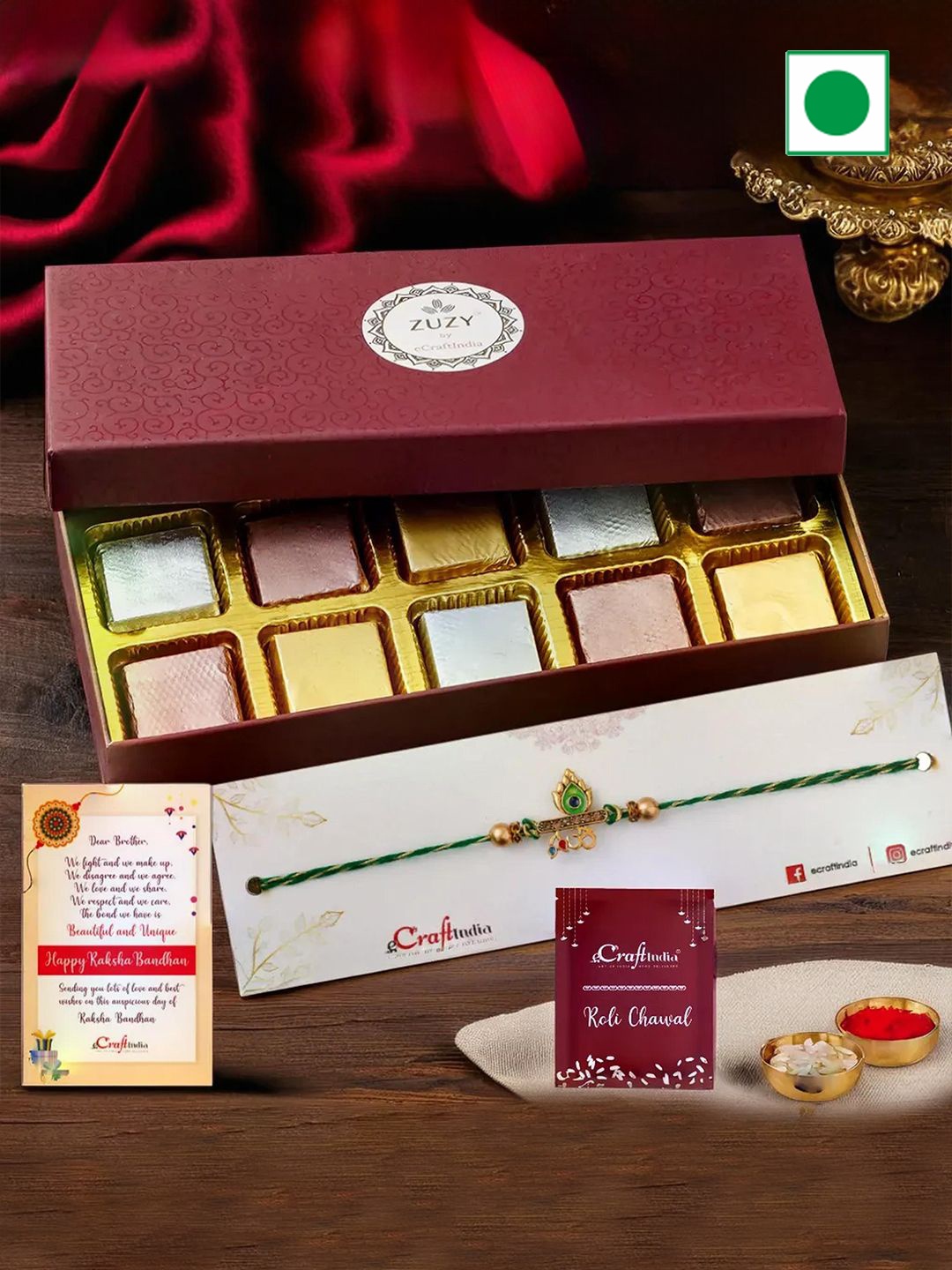 

eCraftIndia Beaded Rakhi with Chocolate Box And Roli Chawal, Green