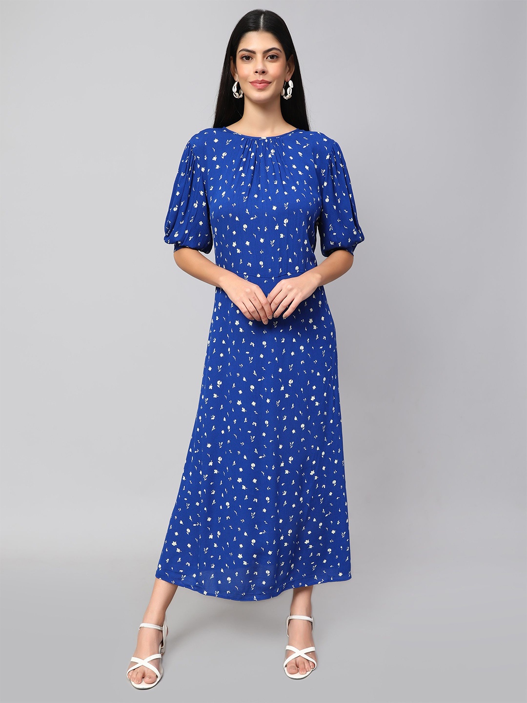 

Amagyaa Women Floral Printed Keyhole Neck Puff Sleeves Fit & Flare Maxi Dress, Blue