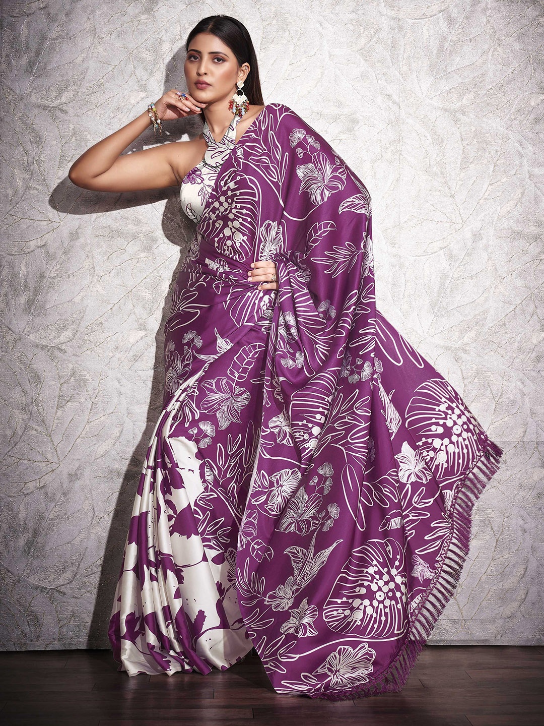 

Tikhi Imli Floral Satin Saree, Violet