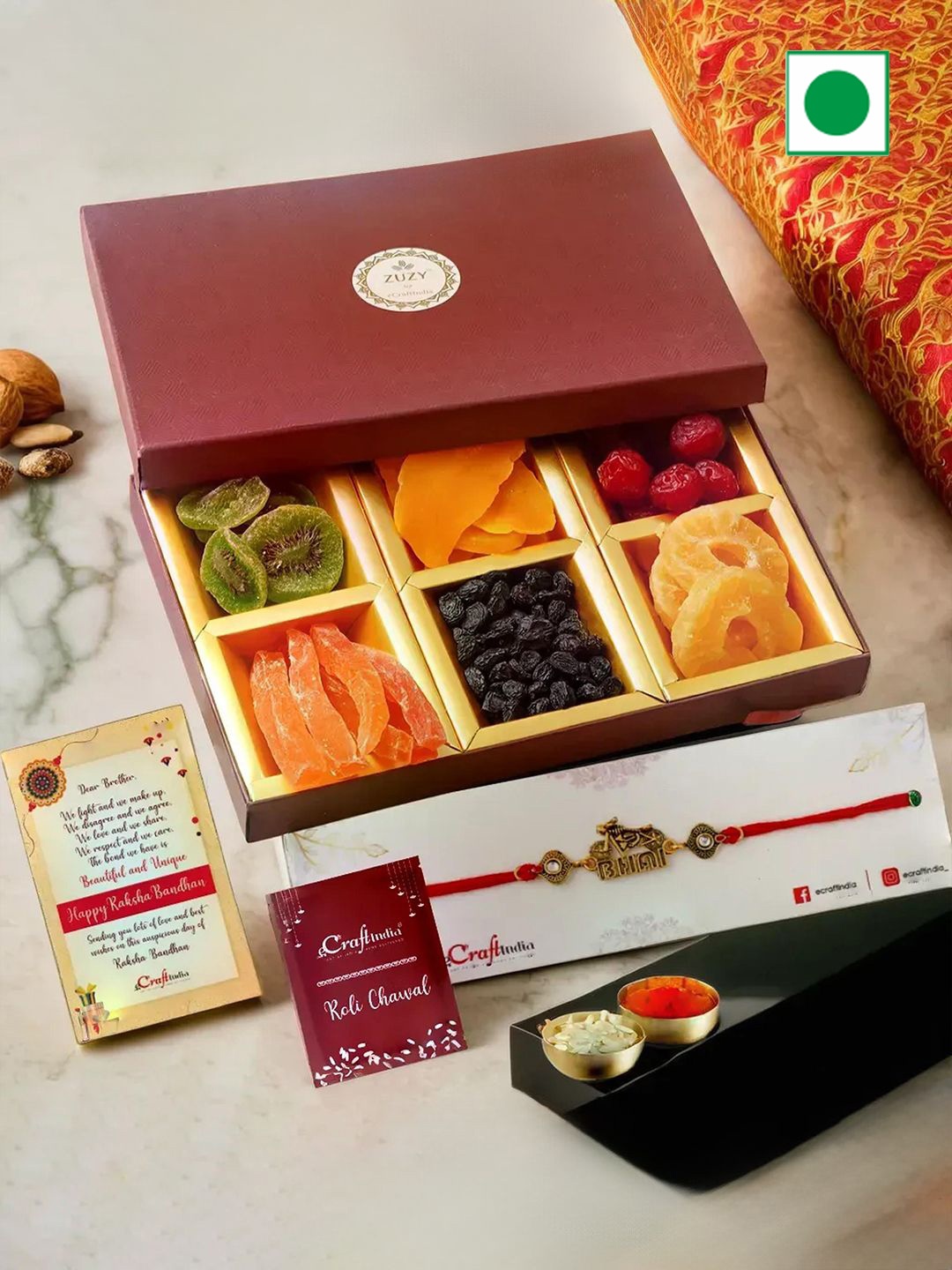 

eCraftIndia Beaded Rakhi with Dry Fruit Box And Roli Chawal, Red