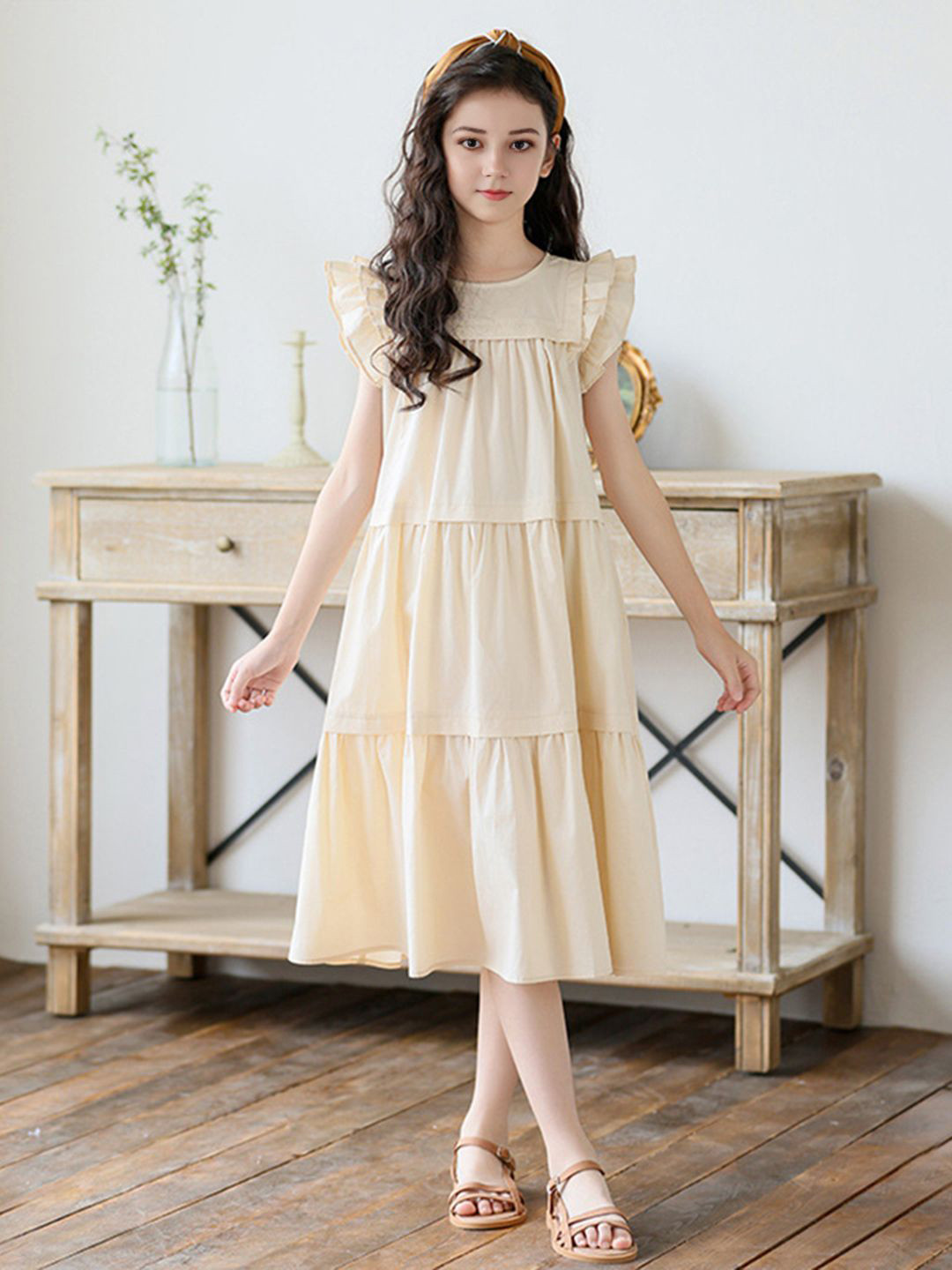 

INCLUD Girls Flutter Sleeves A-line Flared Dress, Beige