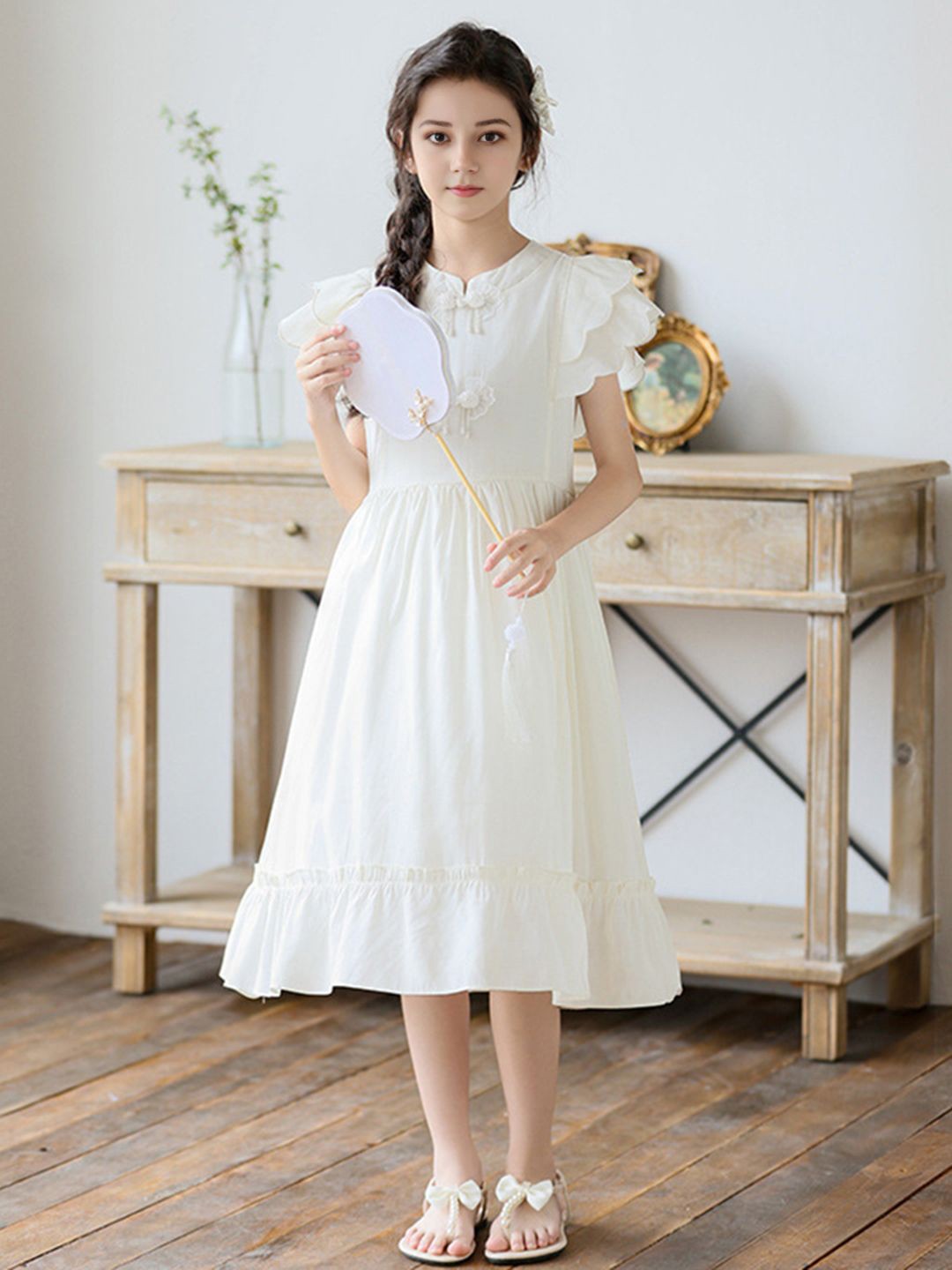 

INCLUD Girls Flutter Sleeve Fit & Flare Midi Dress, White