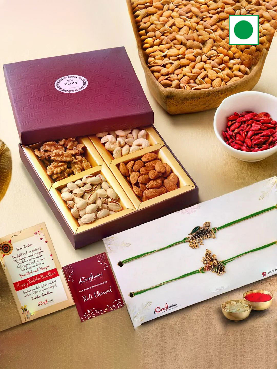 

eCraftIndia Set of 3 Radha Krishna Religious Rakhi With Dry Fruit Box and Roli Chawal Pack, Gold