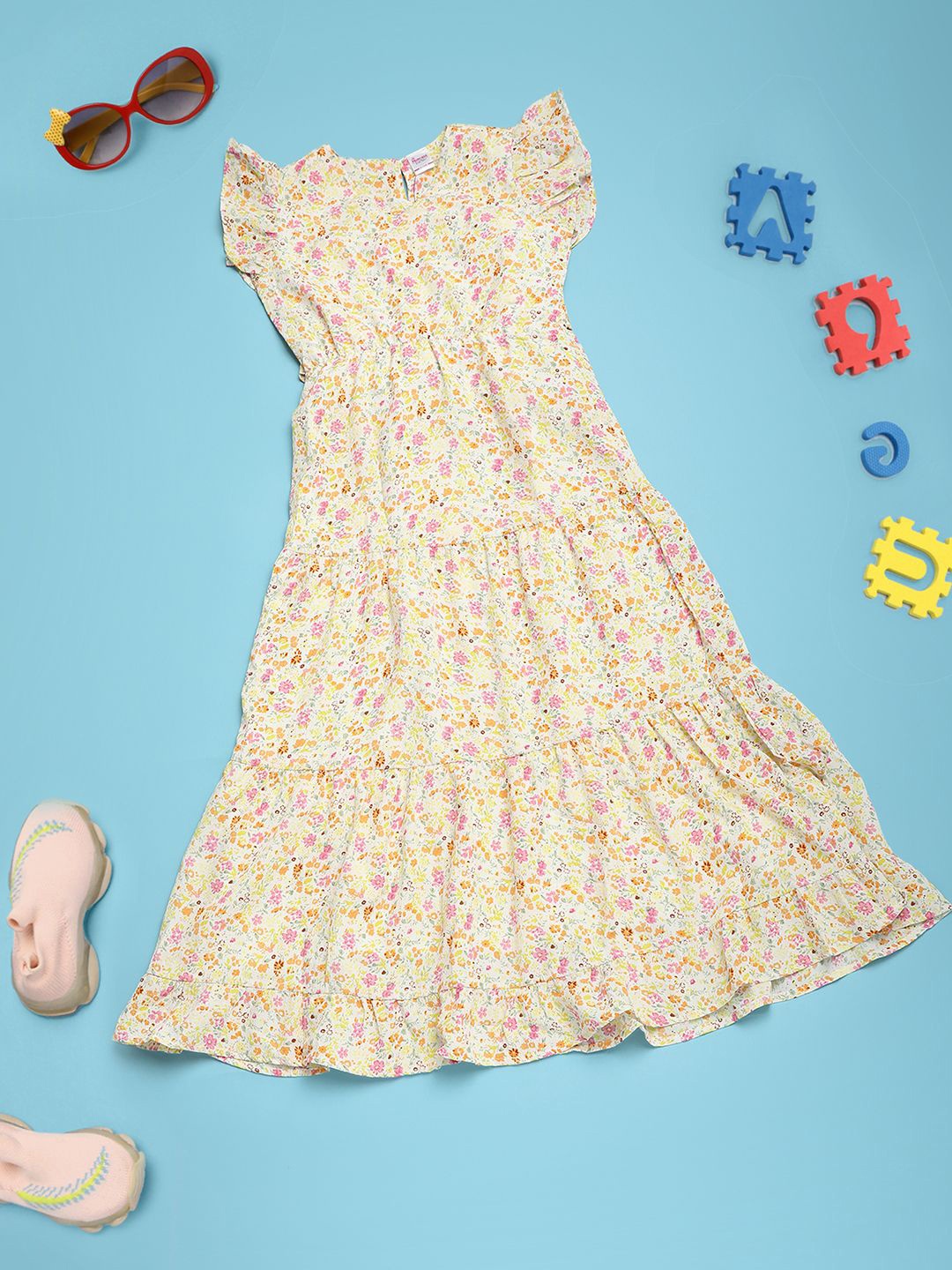 

V-Mart Flutter Sleeve Floral Maxi Dress, Yellow