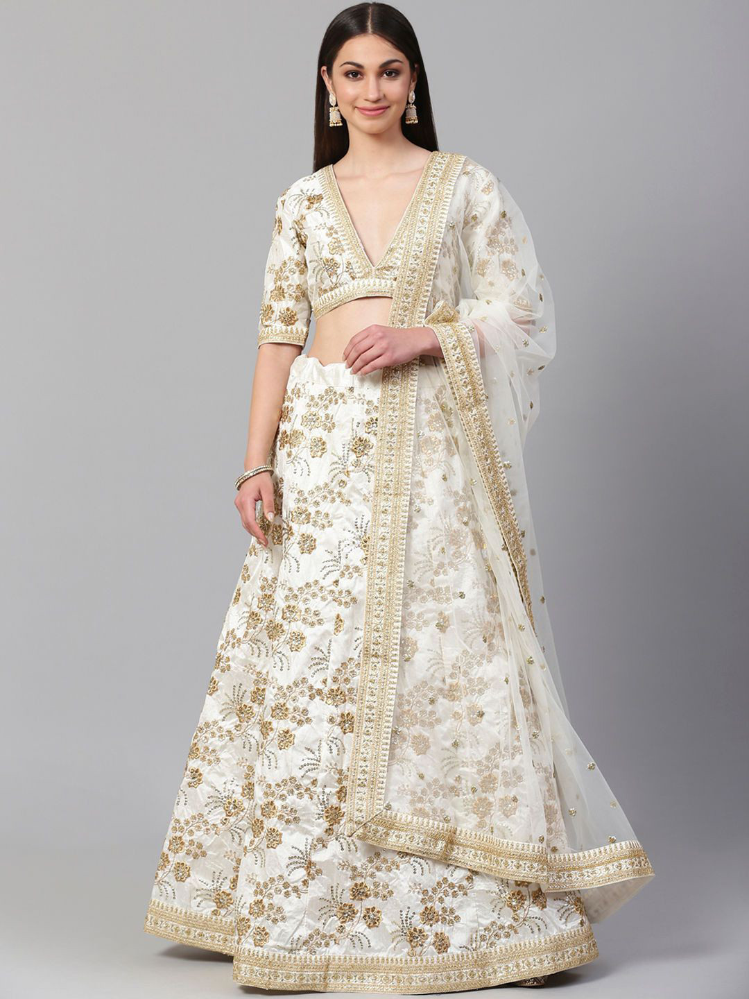 

FABPIXEL Zari Embroidered Semi-Stitched Lehenga & Unstitched Blouse With Dupatta, White