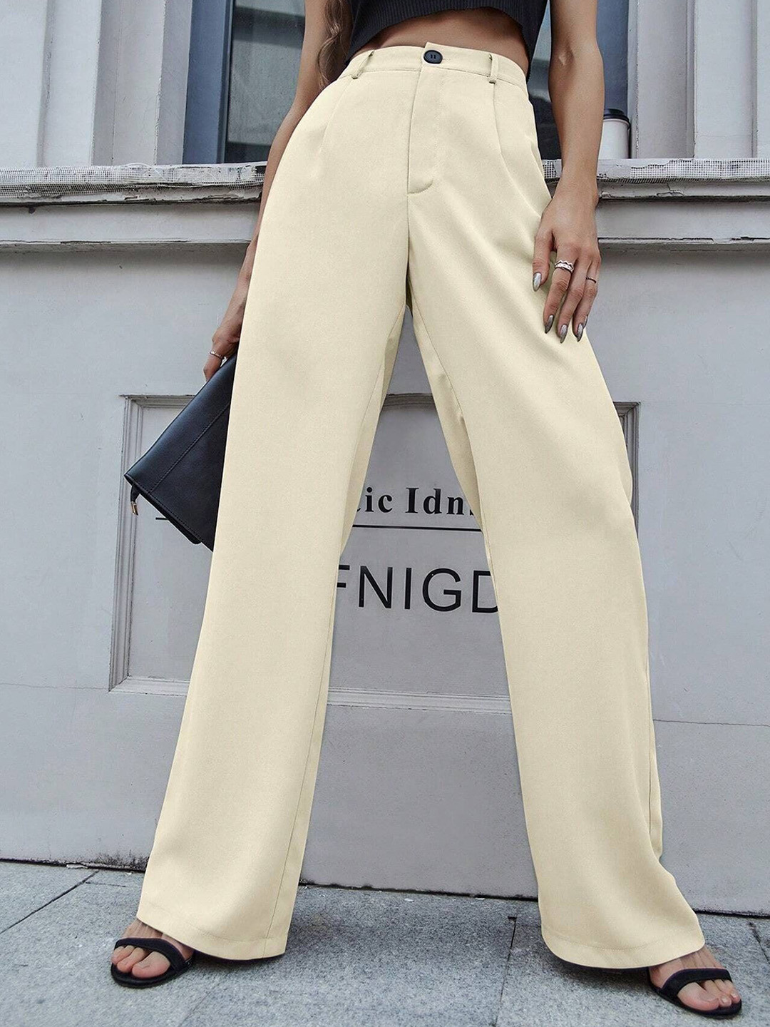 

FNOCKS Women Classic High-Rise Wrinkle Free Wide Leg Trousers, Cream