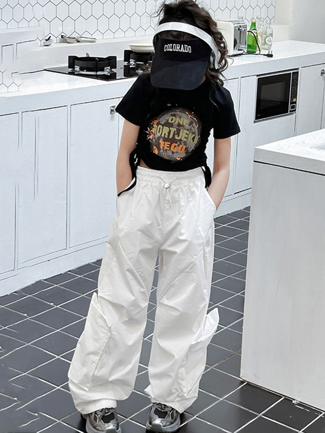 

INCLUD Girls Graphic Printed Top With Cargo Trousers, White