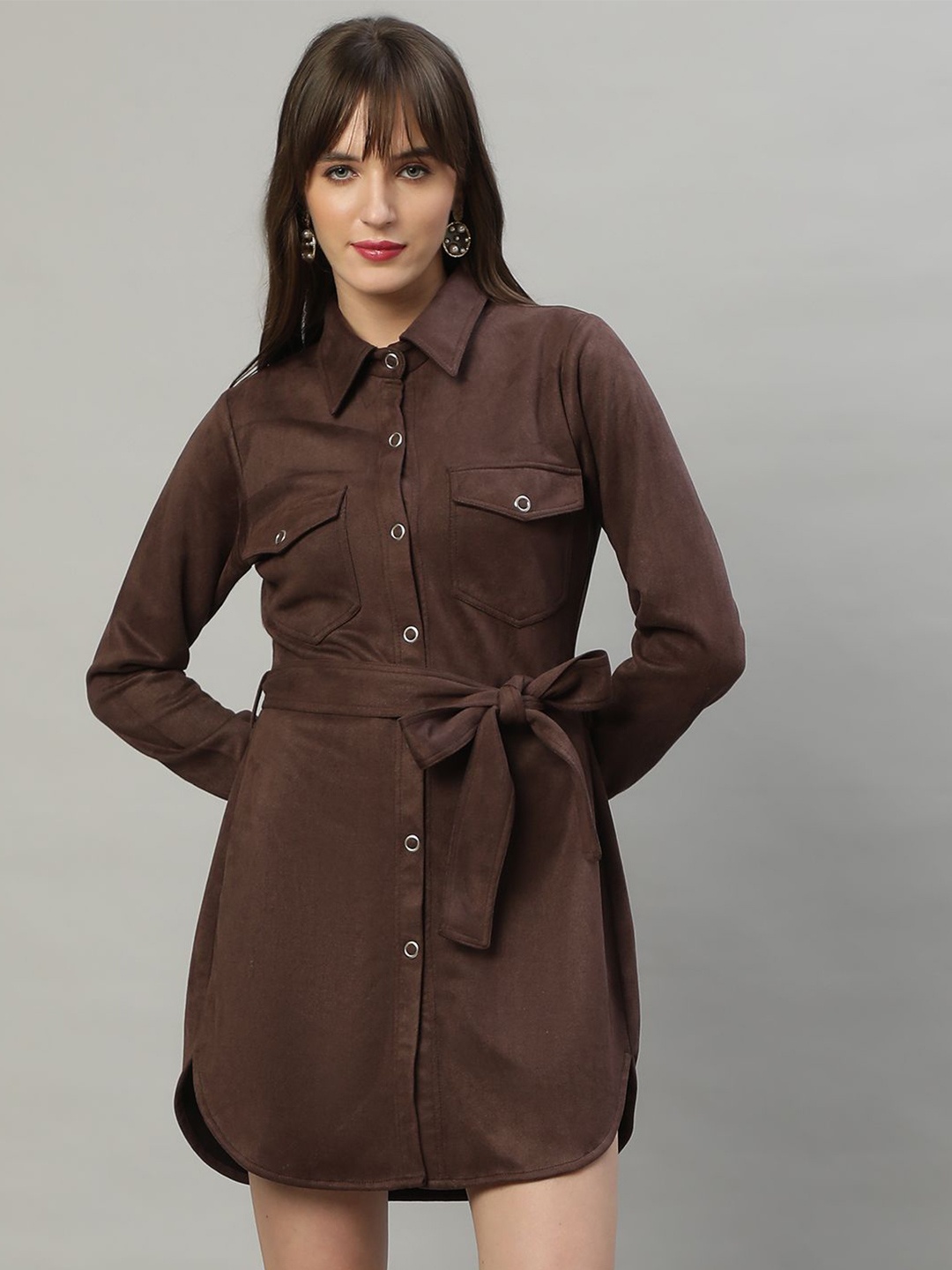 

DELAN Shirt Collar Mini Shirt Dress, Brown