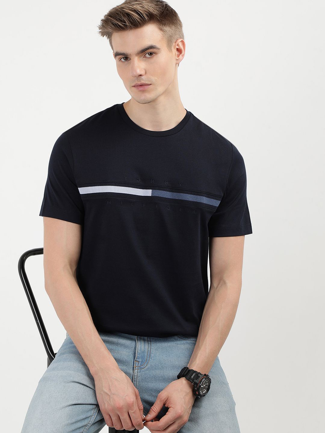 

Tommy Hilfiger Men Printed Round Neck Cotton Tshirt, Navy blue