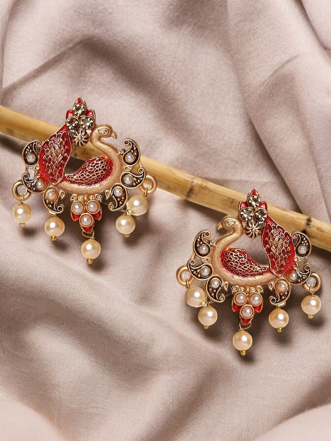 

Anouk Gold-Toned Beaded Peacock Shaped Meenakari Drop Earrings