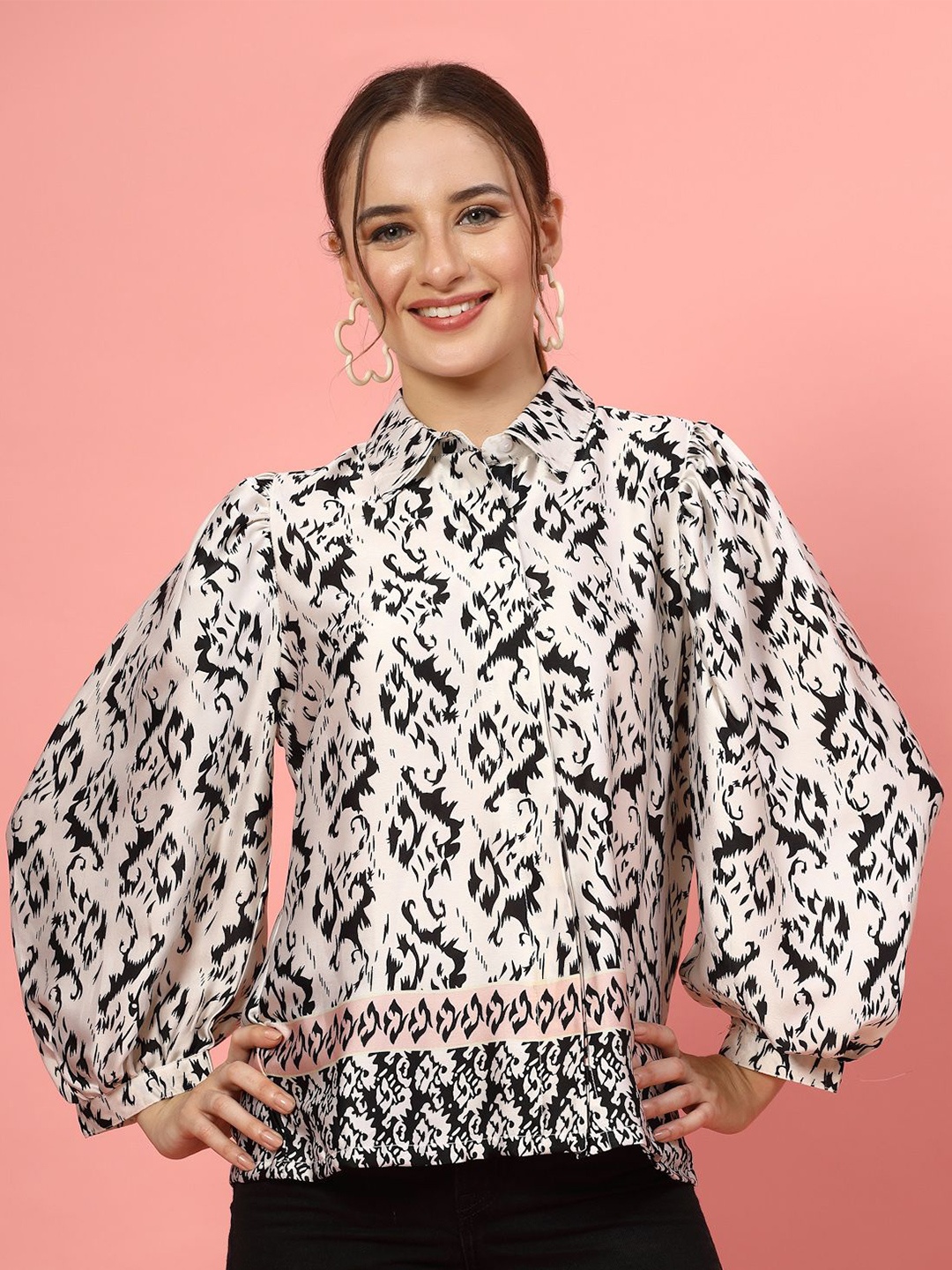 

plusS Geometric Print Puff Sleeve Top, White