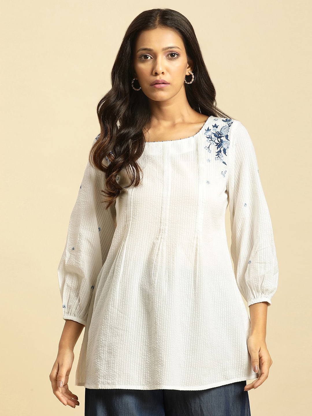 

W Puff Sleeve Cotton Top, White
