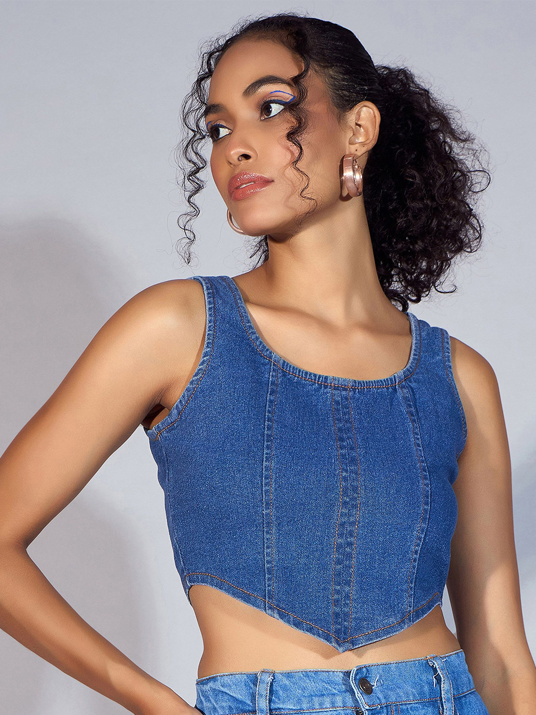 

SASSAFRAS Cotton Denim Crop Top, Blue