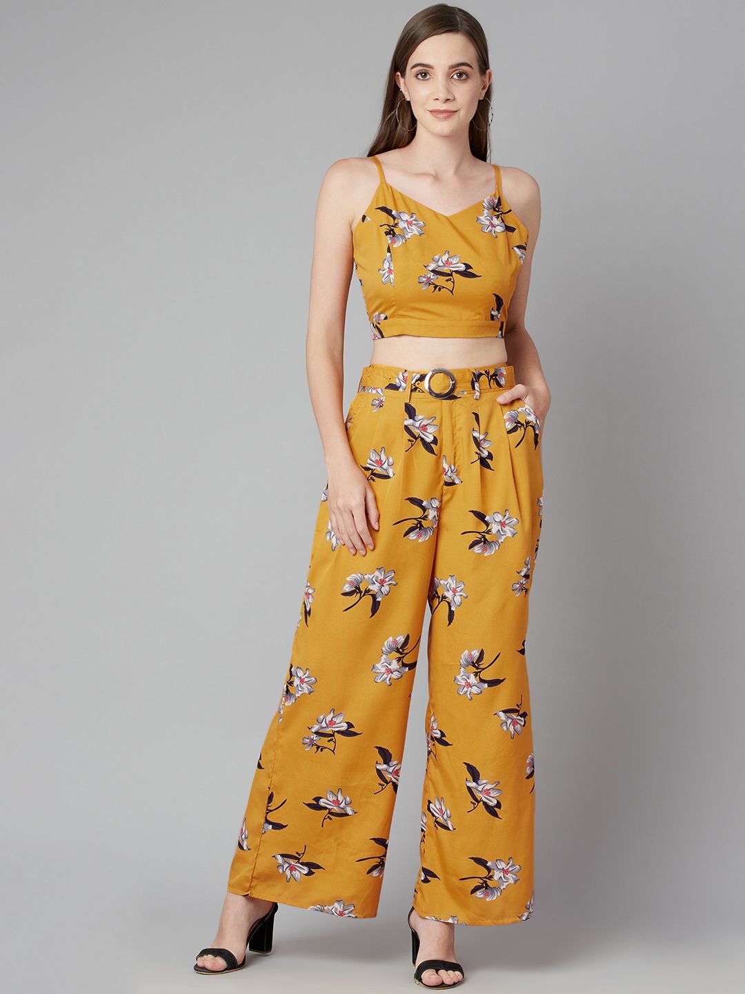 

Purple State Floral Printed Crop Top With trouser, Mustard