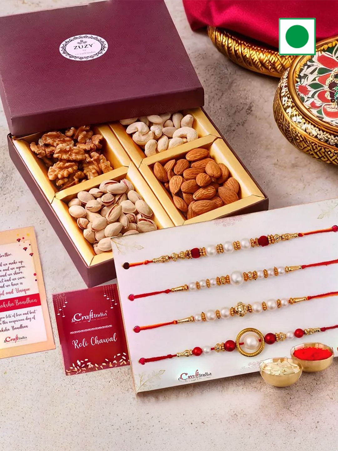 

eCraftIndia Set of 4 Beaded Rakhis with Dry Fruit Box And Roli Chawal, Gold