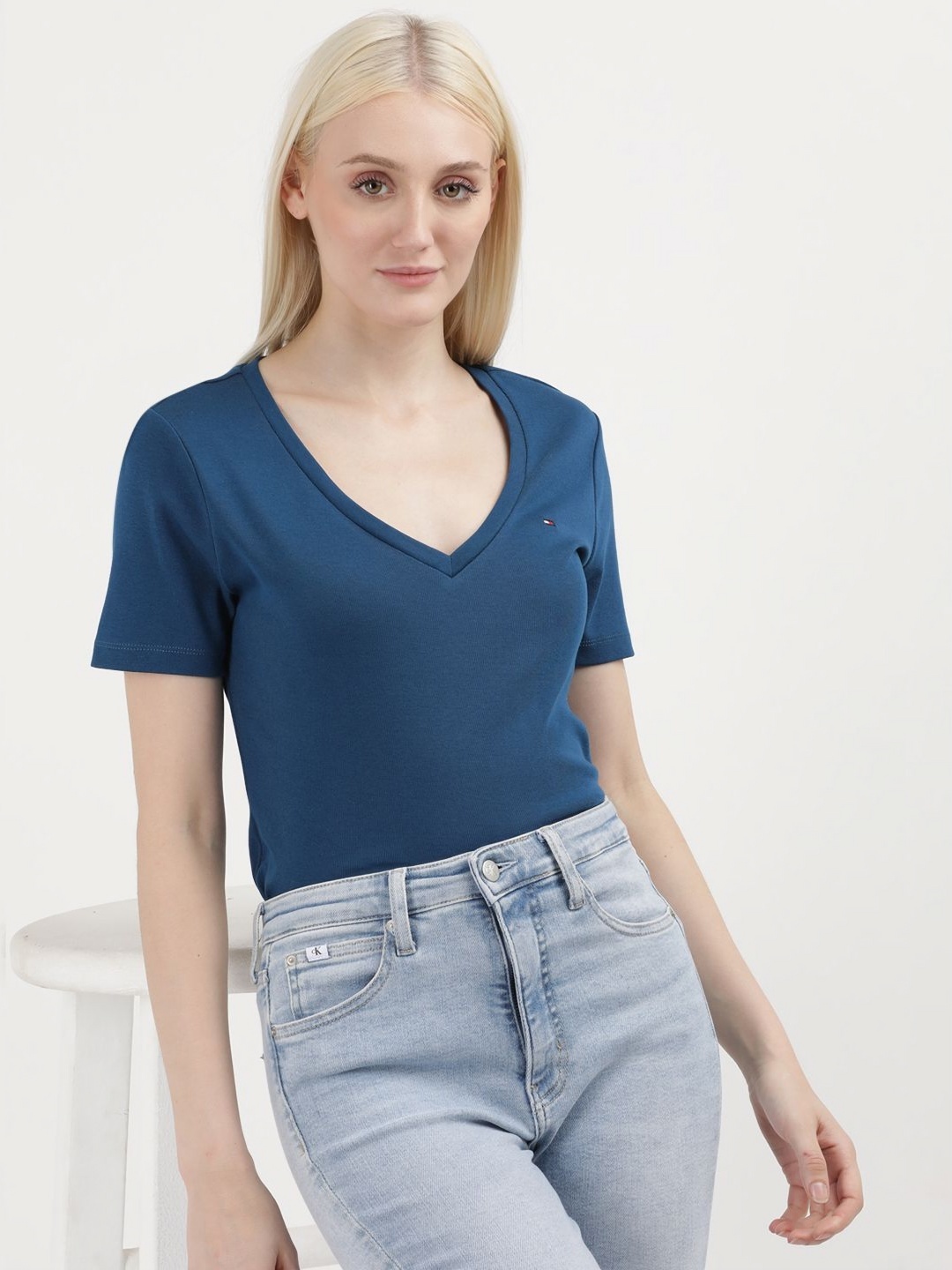 

Tommy Hilfiger Women Solid V-Neck Cotton T-shirt, Blue