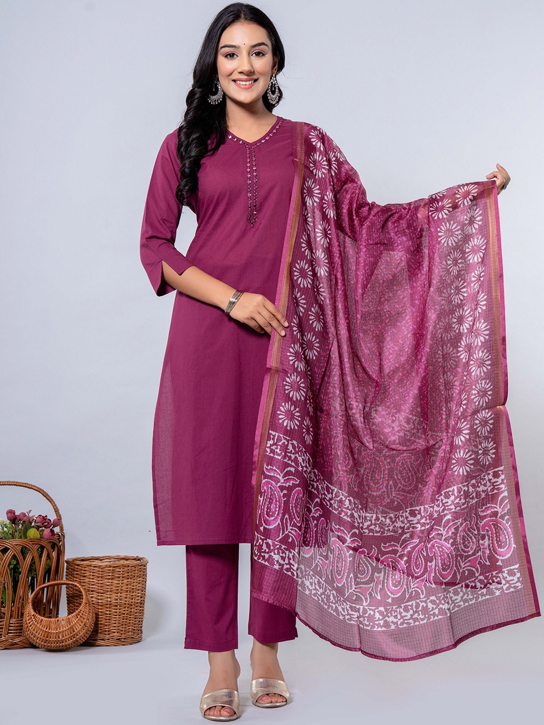 

ADAA JAIPUR V-Neck Regular Mirror Work Pure Cotton Straight Kurta With Trousers & Dupatta, Maroon