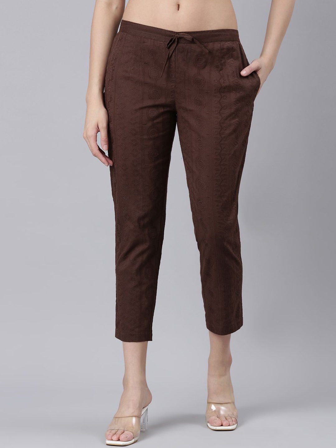 

Souchii Women Tailored Tapered Fit High-Rise Regular Trousers, Brown