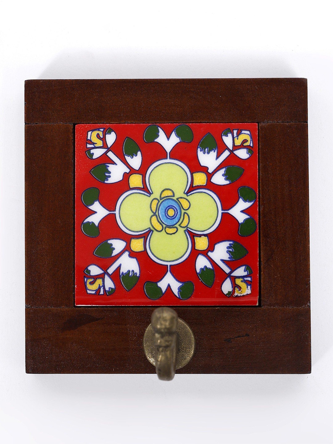 

Exotic India 4" Wood Framed Ceramic Tile Wall Brass Hook, Red