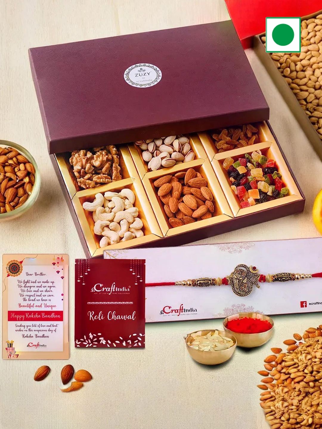 

eCraftIndia Beaded Rakhis with Dried Fruit Box And Roli Chawal, Gold