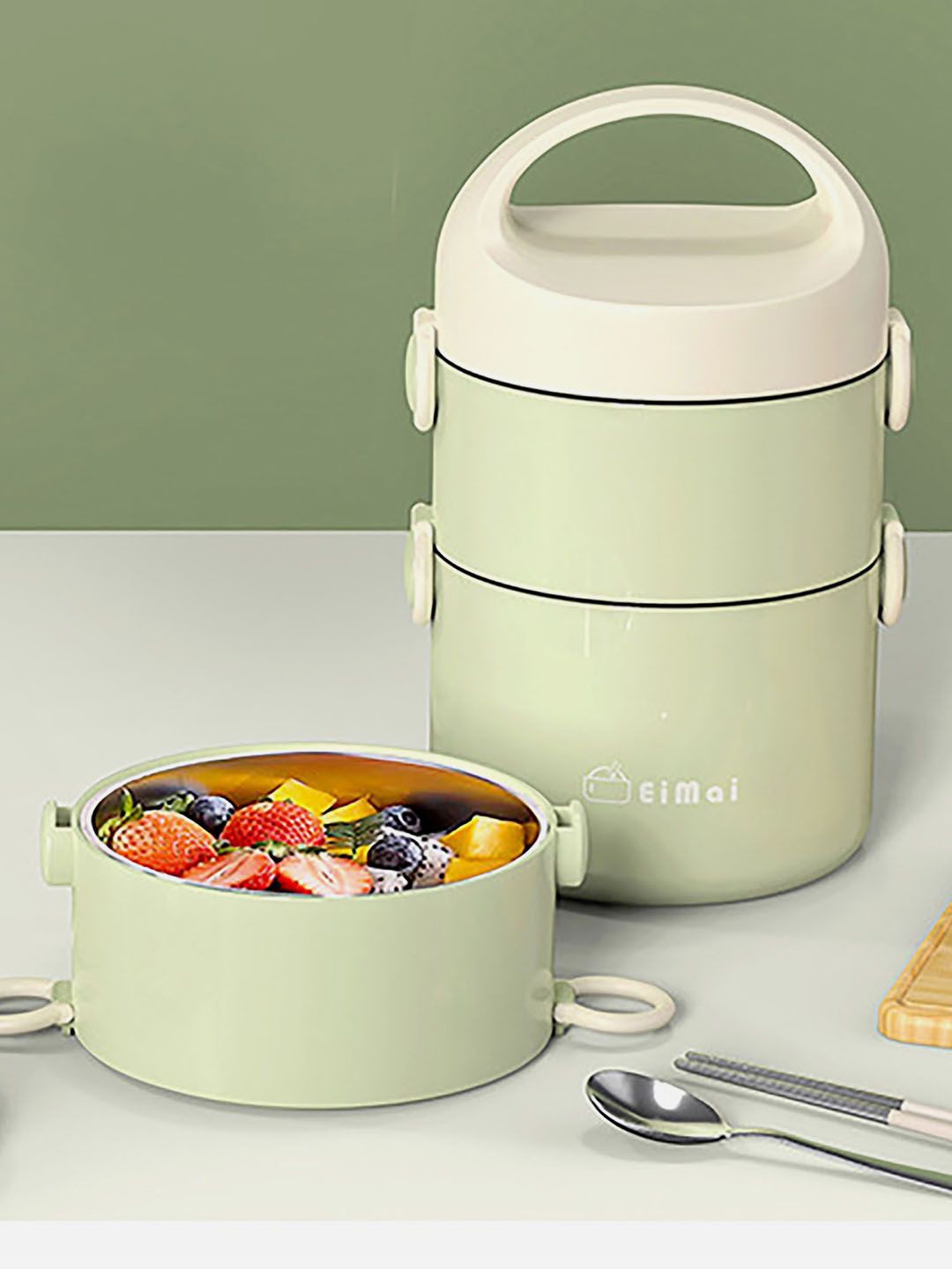 

Little Surprise Box LLP Green 2 Pieces Dual Layered Stainless Steel Lunch Box & Carry Bag