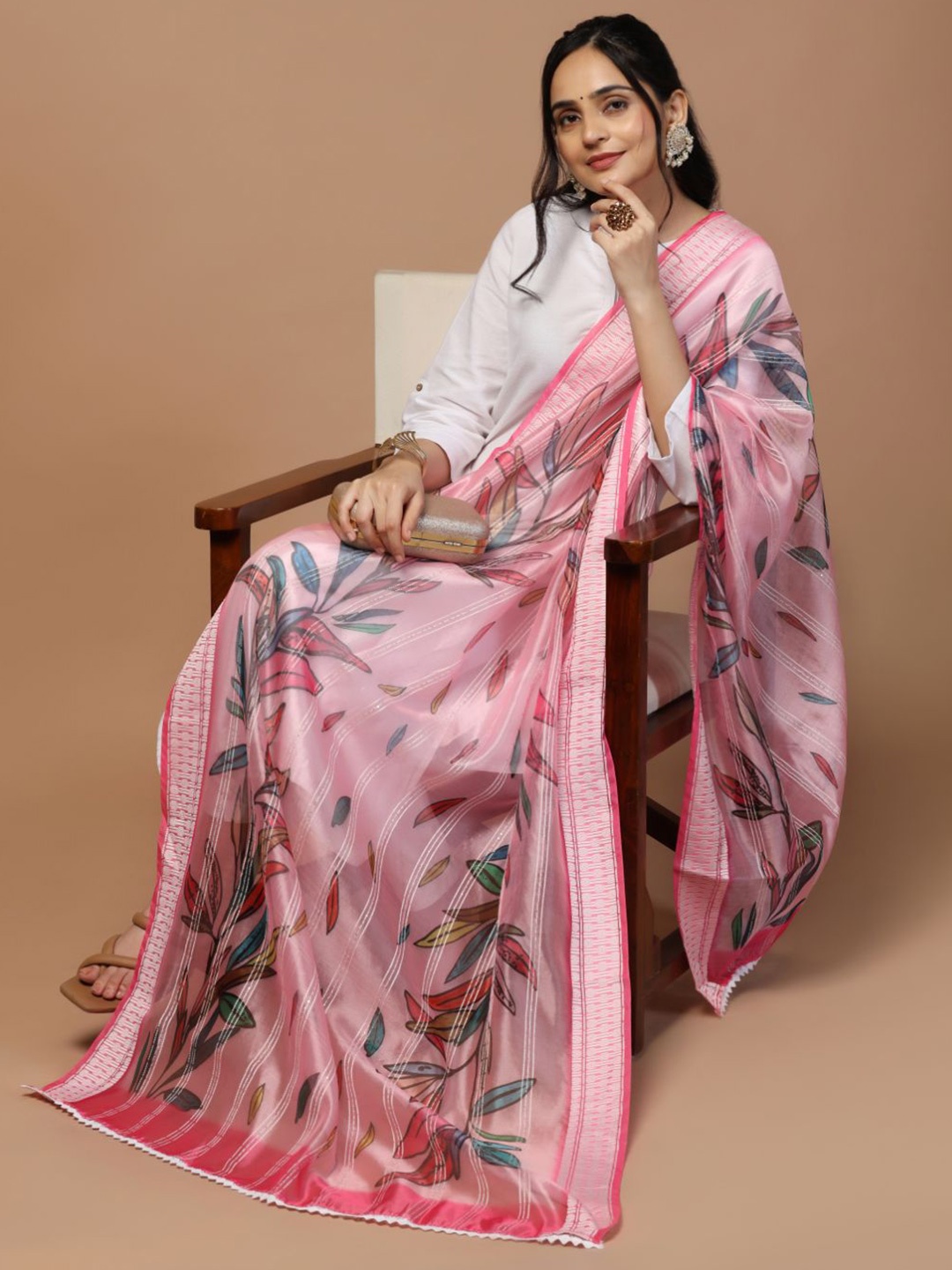 

Kaizen TEXO FAB Floral Printed Organza Dupatta, Pink