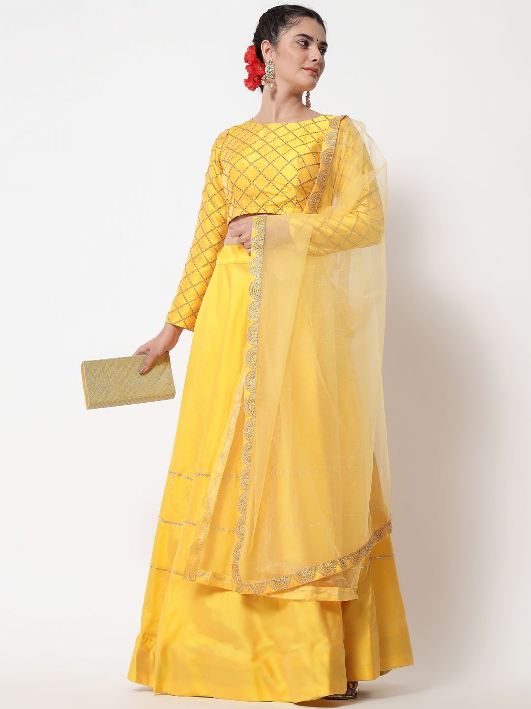 

Fabcartz Embroidered Semi-Stitched Lehenga & Unstitched Blouse With Dupatta, Yellow