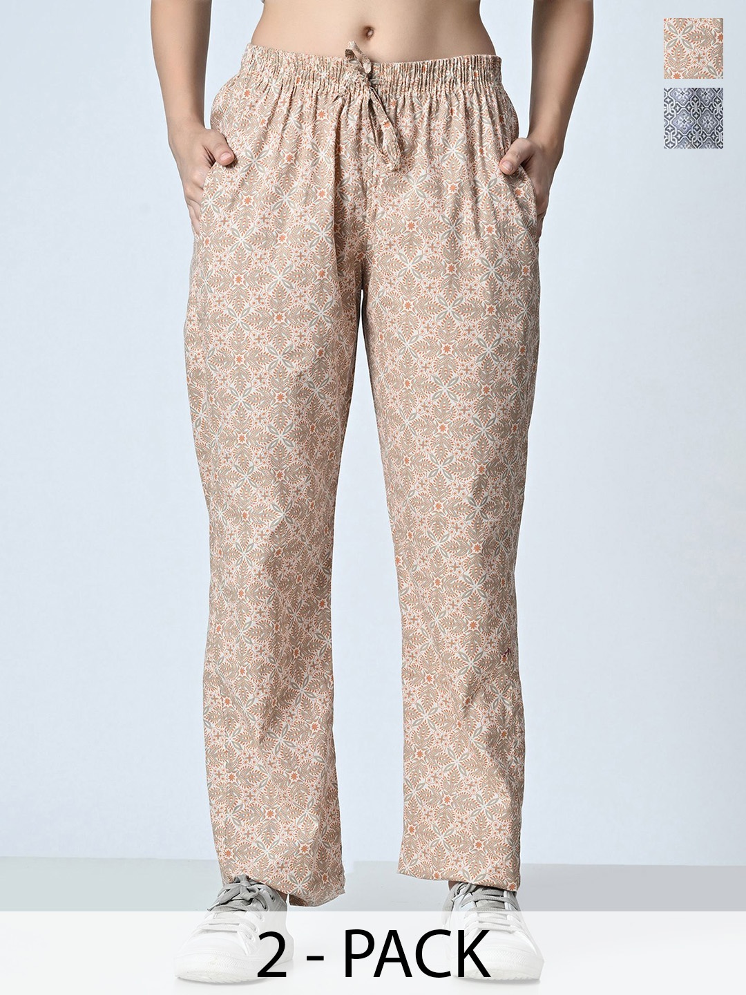 

BAESD Pack Of 2 Women Printed Pure Cotton Trousers, Beige