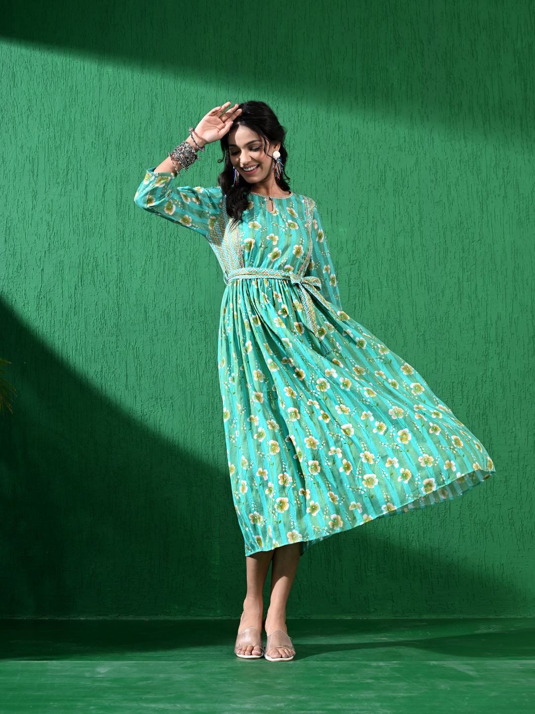 

all about you Floral Printed Fit and Flare Midi Dress With Belt, Green