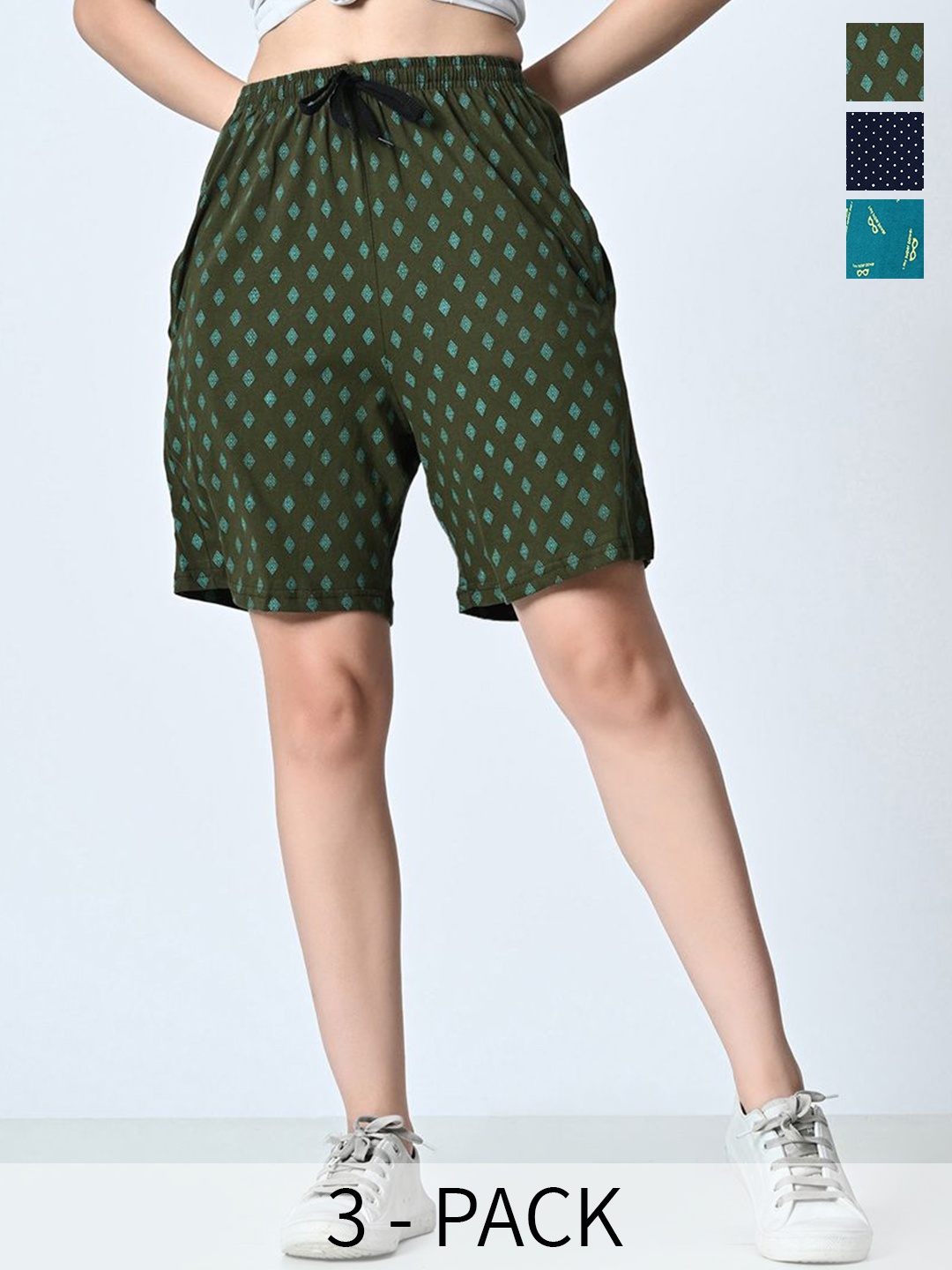 

BAESD Women Pack of 3 Pure Cotton Printed High-Rise Shorts, Green