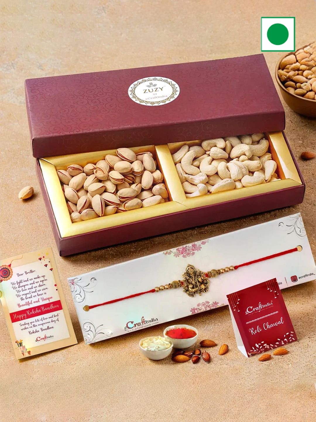 

eCraftIndia Beaded Rakhi with Dry Fruit Box And Roli Chawal, Gold