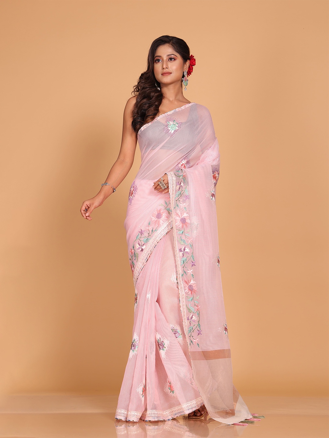 

Morchari Ethnic Motifs Embroidered Pure Cotton Saree, Pink