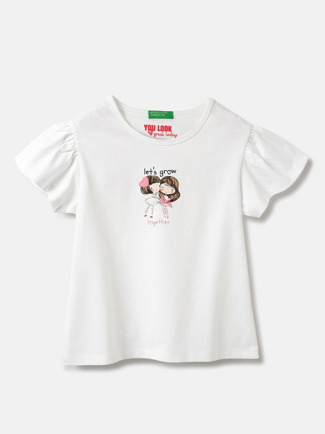 

United Colors of Benetton Flutter Sleeve Cotton Top, White