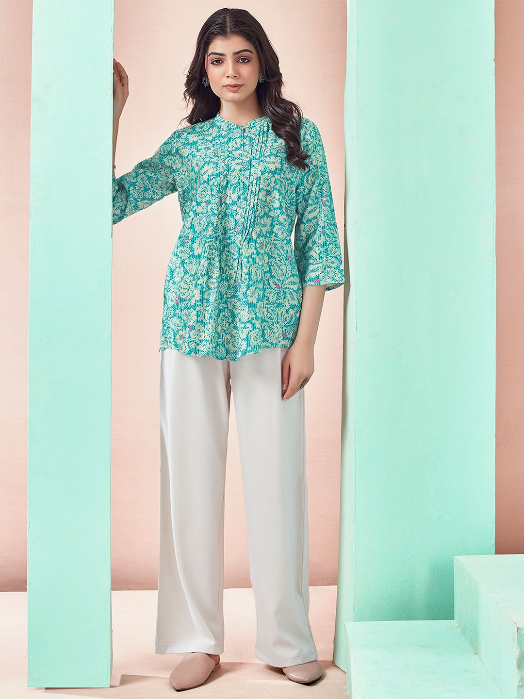

Peachmode Floral Print Top, Turquoise blue