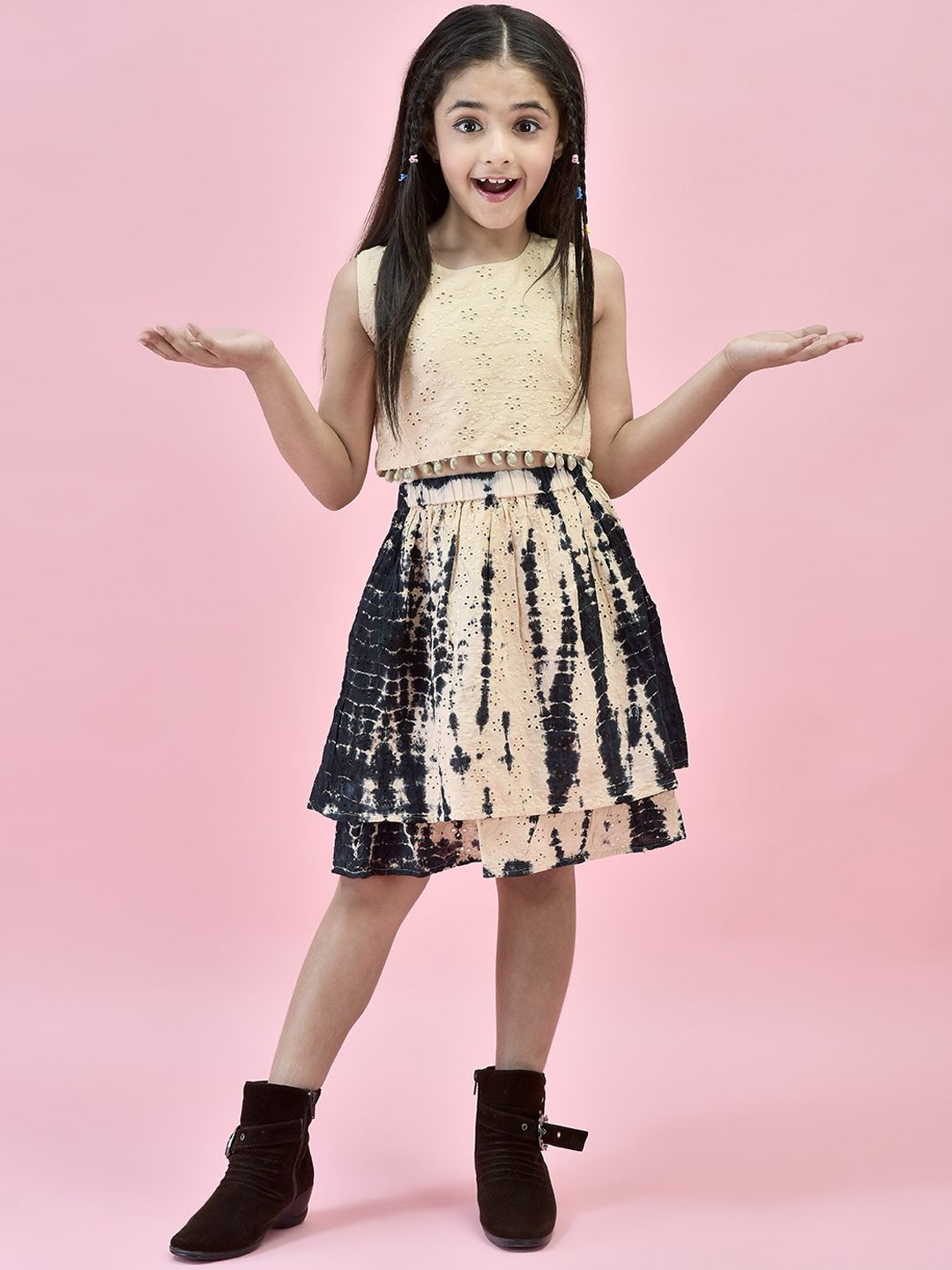 

Juniper Girls Self Design Top With Skirt Set, Beige