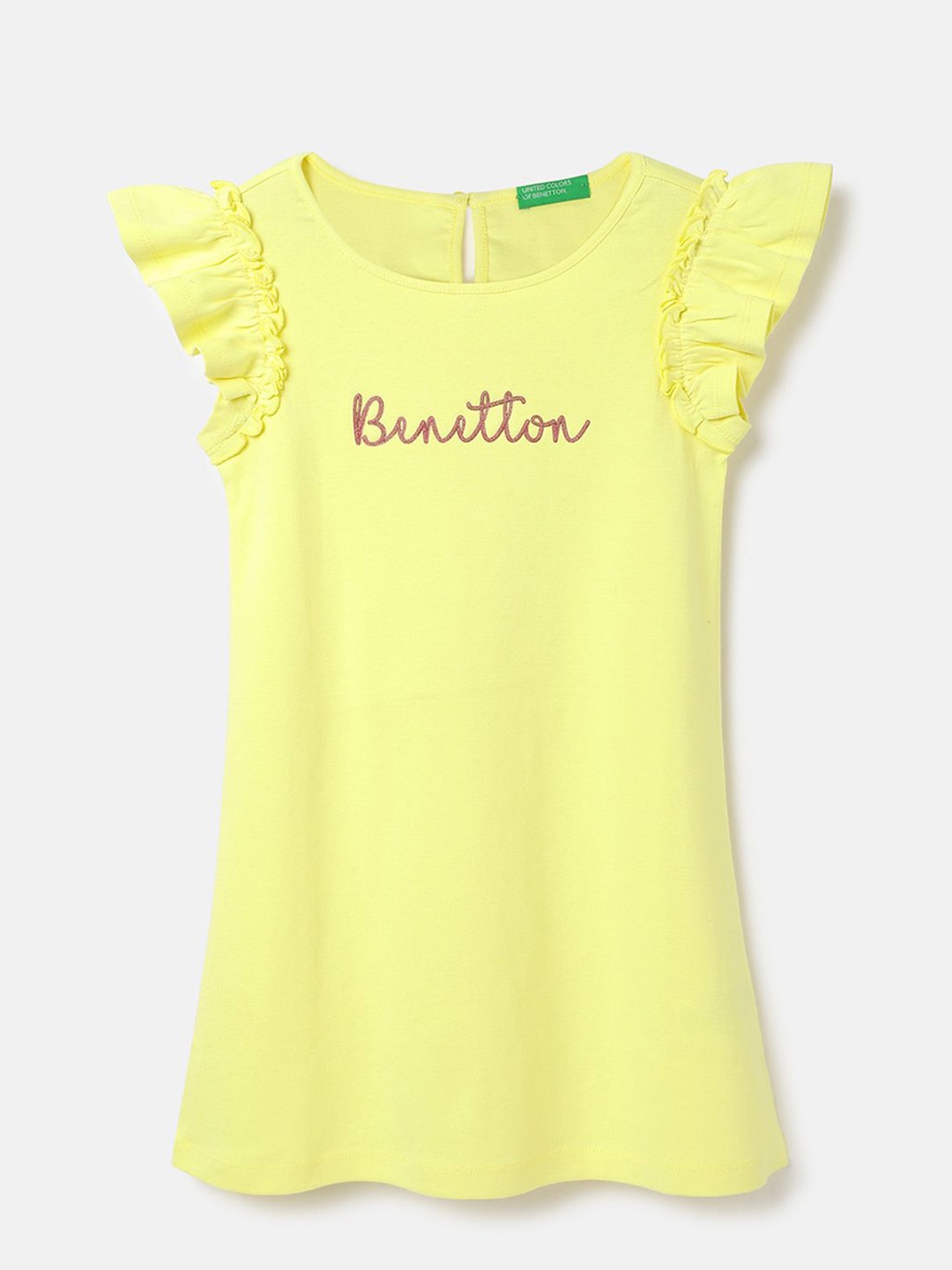 

United Colors of Benetton Girls Pure Cotton Flutter Sleeve A-Line Dress, Yellow